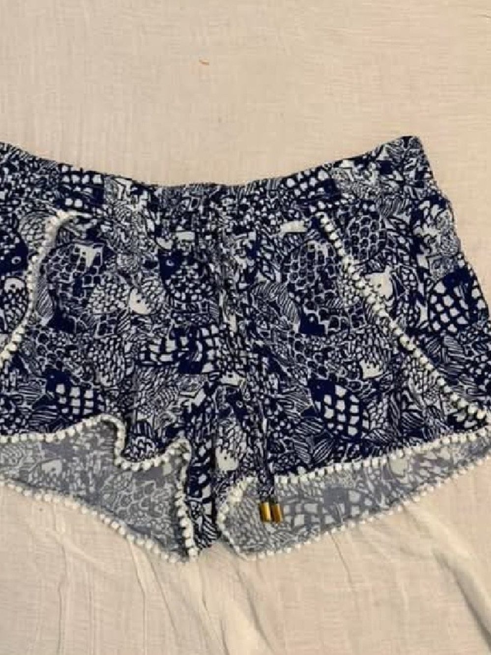 Lilly Pulitzer Navy and White Printed Pom-Trim Athletic Shorts